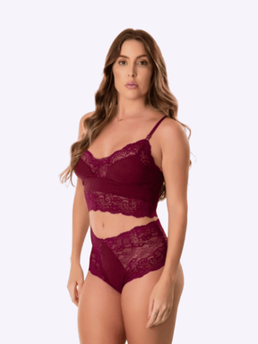 Conjunto Sutiã Cropped Em Renda e Calcinha Caleçon Em renda Vinho
