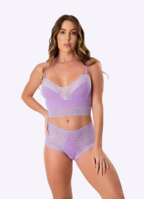 Conjunto Sutiã Cropped Em Renda e Calcinha Caleçon Em renda Vinho