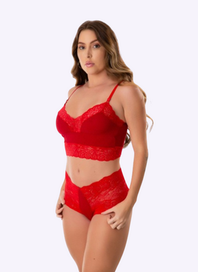 Conjunto Sutiã Cropped Em Renda e Calcinha Em renda Lilás