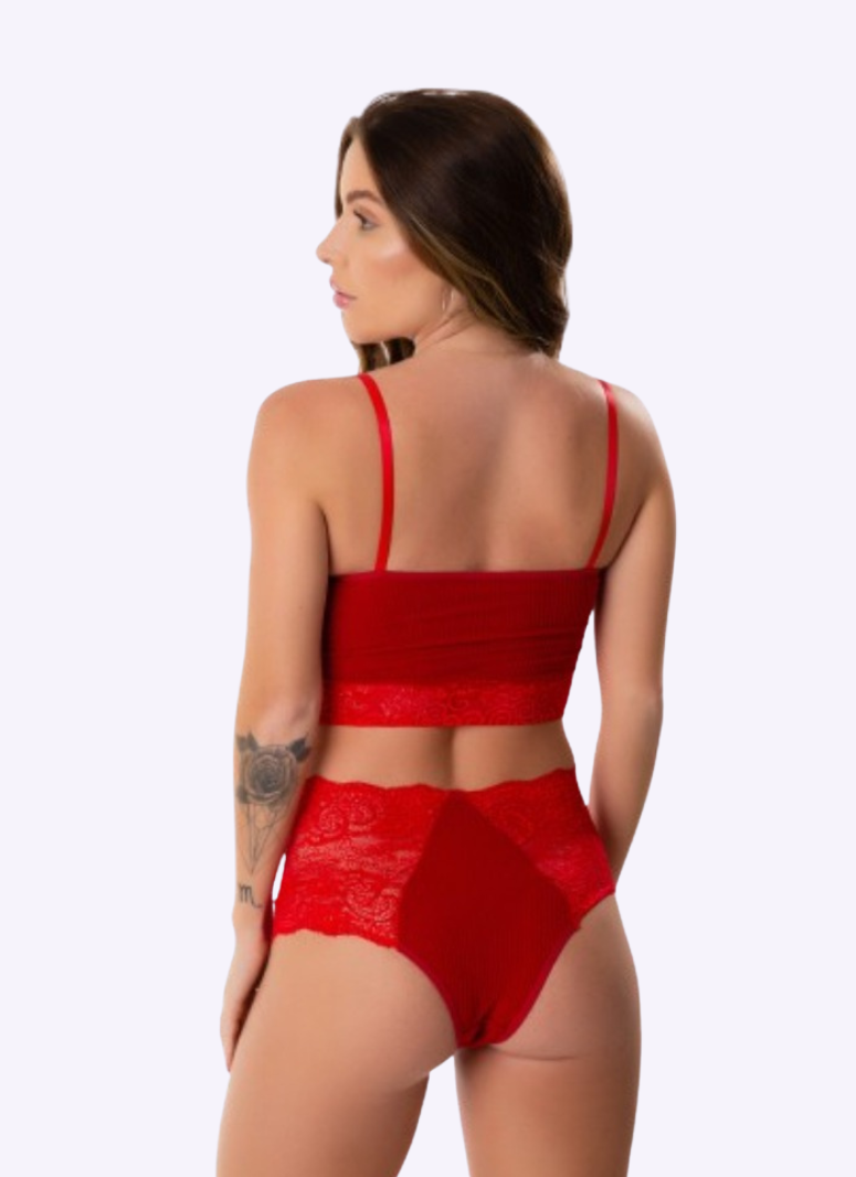 Conjunto Sutiã Cropped Em Renda e Calcinha Em renda Vermelho