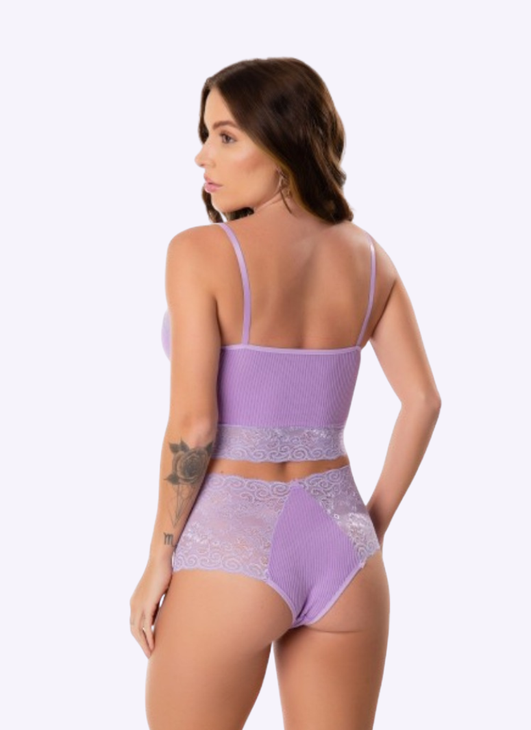 Conjunto Sutiã Cropped Em Renda e Calcinha Caleçon Em renda Vinho