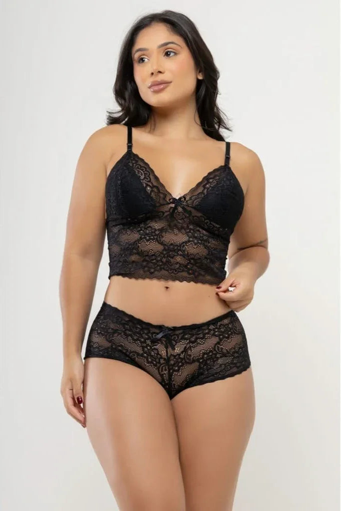 Conjunto sutiã Em Renda Com Aro e Calcinha Caleçon Em Renda Branca