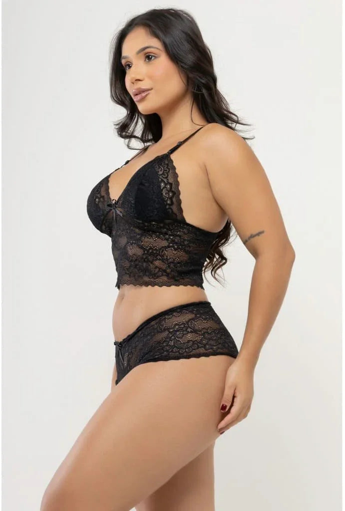 Conjunto sutiã Em Renda Com Aro e Calcinha Caleçon Em Renda Preto