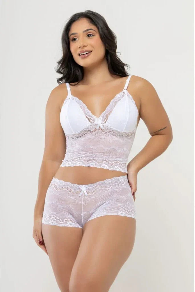 Conjunto sutiã Em Renda Com Aro e Calcinha Caleçon Em Renda Branca